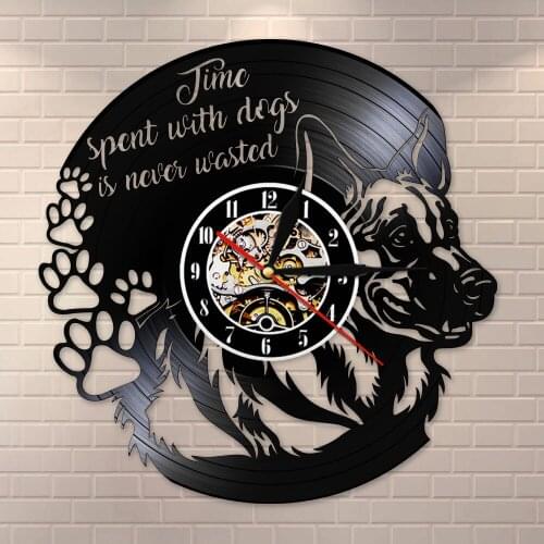 Puppy Portrait Vintage Wall Art Vinyl Reord Wall CLock Time Spent With Dog Is Never Wasted Dog Quote Home Decor Dog Lovers Gift