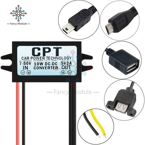 DC-DC 7-50V to 5V 2A 10W Car Power Converter Micro Mini USB Step Down Voltage Power Supply Adapter Low Heat Auto Protection