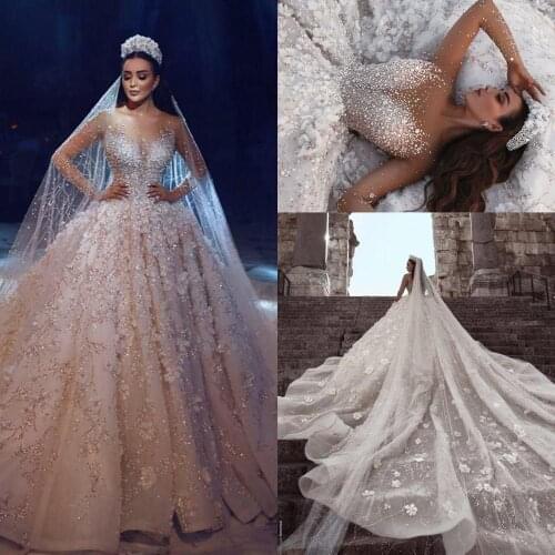 Luxury Long Sleeves Ball Gown Wedding Dresses Beaded 3D Floral Appliqued Saudi Arabia Lace Bridal Gowns 2021 Plus Size Wedding D