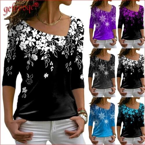 Autumn Clothes Women 2021 Fashion V Neck Floral Printed Casual Cotton Tee Shirts Long Sleeve Plus Size T Shirt Femme Tunic Tops