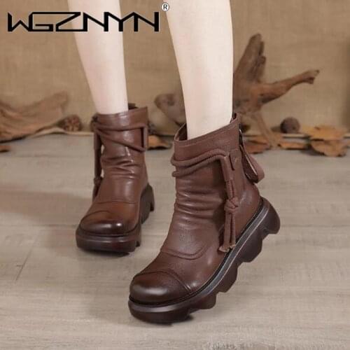 National Style Women Boots 2021 Autumn Winter Vintage Genuine PU Leather Warm Shoes Female Soft Bottom Sneaker Woman Ankle Boots