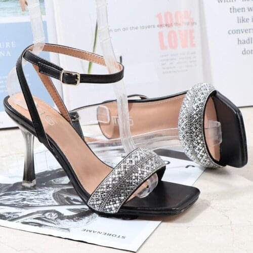 2021 Summer Women 9.5cm High Heels Crystal Sandals Bling Silver Black Heels Suede Pumps Lady Plus Size 42 Wedding Bridal Shoes