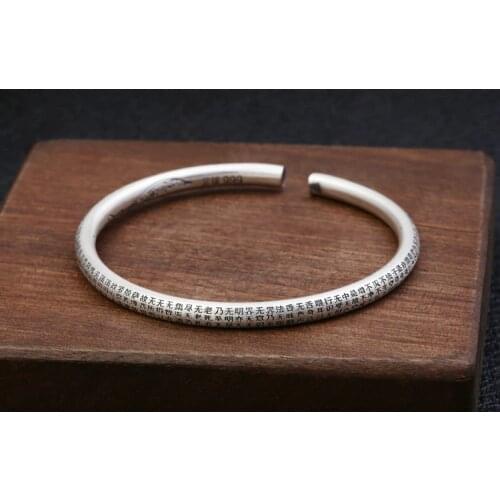 Solid 999 sterling Silver women HEART SUTRA Mantra cuff bracelet bangle A4849