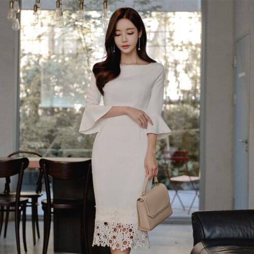 New arrival fashion spring midi party dress women OL temperament elegant o-neck butterfly sleeve lace sexy hollow slim dress