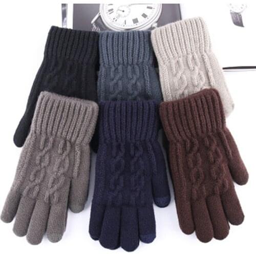 Winter Wool Knit Double Layer Thicken Elastic Cycling Warm Mittens Mens Jacquard Plus Velvet Touch Screen Driving Gloves H74