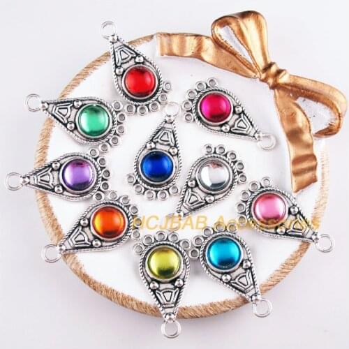 10Pcs Tibetan Silver Tone Flower Mixed Acrylic Teardrop Charms Connectors 19x35mm
