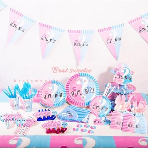 Gender Reveal Banners Cups Napkins Pink Blue Paper Plates Baby Gender Reveal Party Supplies Disposable Tableware