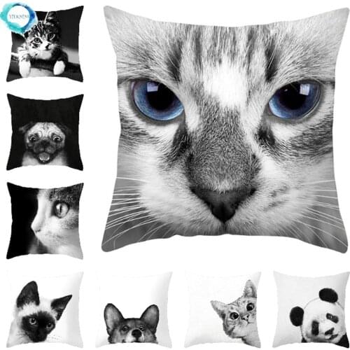Black and White Cartoon Dog Cat Printed Decorative Cushion Cover Polyester Pillow Case Kid Room Chair Sofa Home Decor 45X45CM