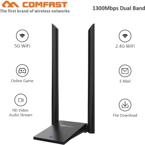 COMFAST 5.8Ghz dual band Usb3.0 WiFi Adapter 1300Mbps 802.11ac Long range WIFI Receiver 2*6dBi Antennas free driver network card