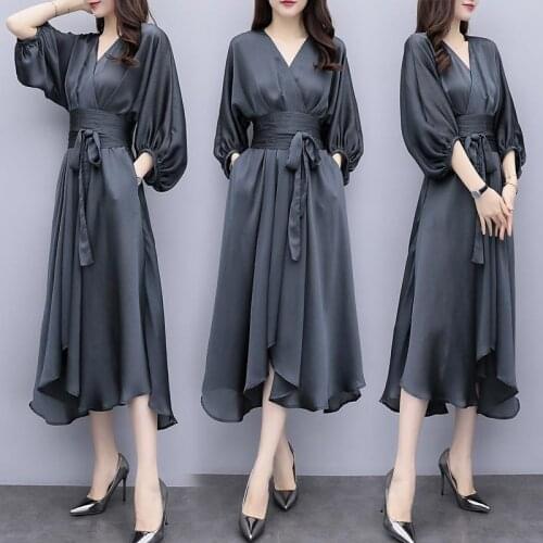 European women dresses Short sleeve satin fabric long summer dresses elegant temperament lady dress