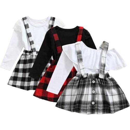 FOCUSNORM 1-6Y Lovely Kids Girls 2pcs Clothes Sets 3 Style Ruffles Long Sleeve Pullover T Shirts Plaid Printed Suspender Skirt