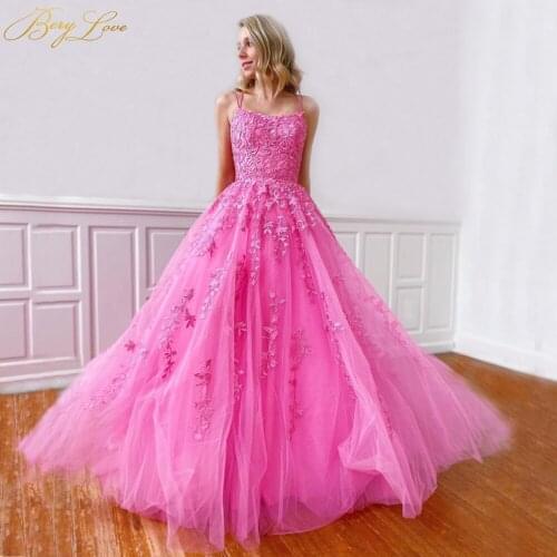 Fushia Lace Prom Dress 2020 Long Flower Dresses A-line Appliques Lovely Party Dress Girls Backless Elegant Evening Dresses