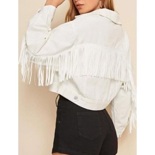 Fashion Denim Jacket Coat Ladies 2021 Women White Fringe Beaded Loose New Autumn Long Sleeve Casual Outerwear Chaqueta Mujer