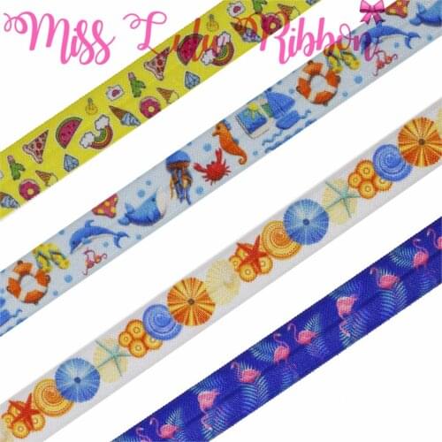 5/8"16mm Flamingo Shell Patterns Printed Elastic/Foe Ribbon Crab Jellyfish DIY Hair Band 50yards/roll Gift Bowknots Making