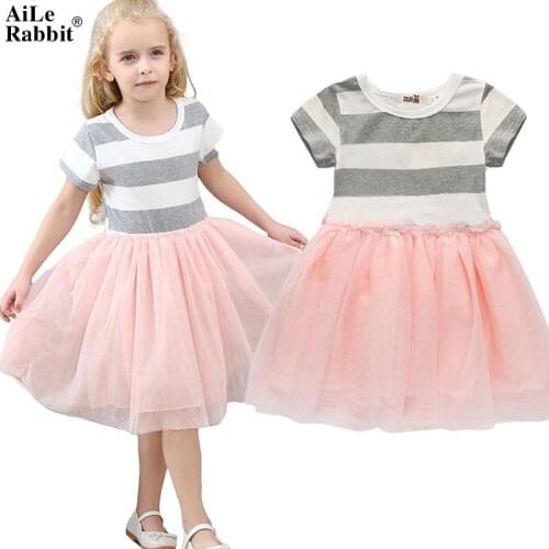AiLe Rabbit Summer Girls Dresses Fashion Striped Short Sleeve Dress Princess Yarn Dress Classic Popular Childrens Clothing Pink