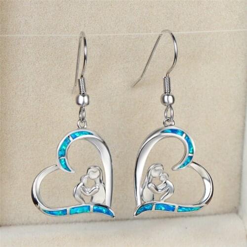 Trendy Female Blue Opal Drop Earrings Classic Silver Color Dangle Earrings For Women Vintage Rainbow Heart Mothers Day Earrings