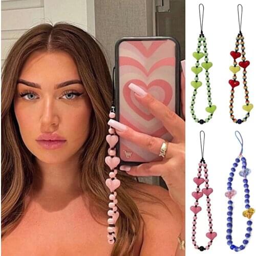 New Colorful Transparent Heart Love Rainbow Color Cell Phone Chain Keycord Wrist Strap Phone Case Hanging Rope Cord