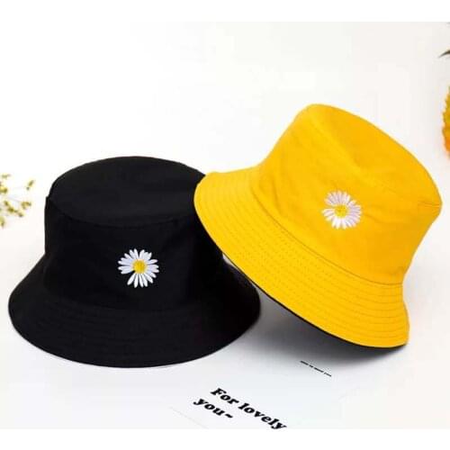 2021 New Cute Women Fashion Double-sided Daisy flower Fisherman Cycling Men Bucket Hat With Embroidered Design Sun Sunscreen Cap