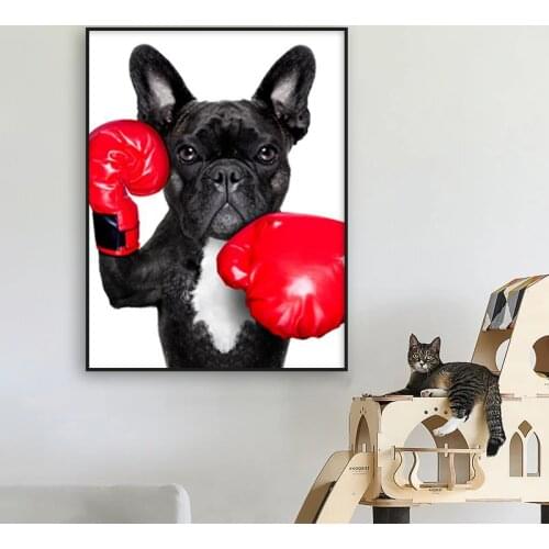 Puppy Boxer Posters and Prints Bulldog With Boxing Gloves Canvas Painting Dog Wall Pictures for Childrens Room Nordic Home Decor