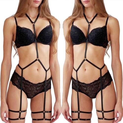 BODY HARNESS Bondage Full Set Black Women Sexy Lingerie Goth Top Harness Bra Punk Stockings Garter Belt Leg Body Cage Harness