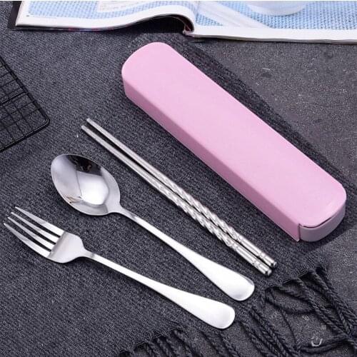 Student Portable Stainless Steel Tableware Chopsticks Spoon Fork with Box 3PCS/set Outdoor Camping Hiking Travel Tableware
