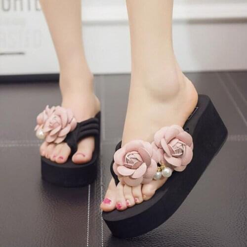 Summer New Fashion Ladies Slippers Handmade Flower Floor Non-Slip Wear-Resistant Increased Outdoor Home Large Size Women Sandals