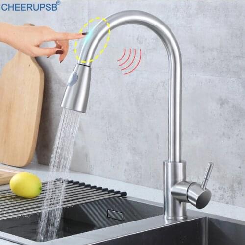 Smart Sensor Kitchen Sink Faucets Auto Touch Hot Cold Water Mixer Tap Deck Mount Pull Out Crane Automatic Stainless Steel Taps