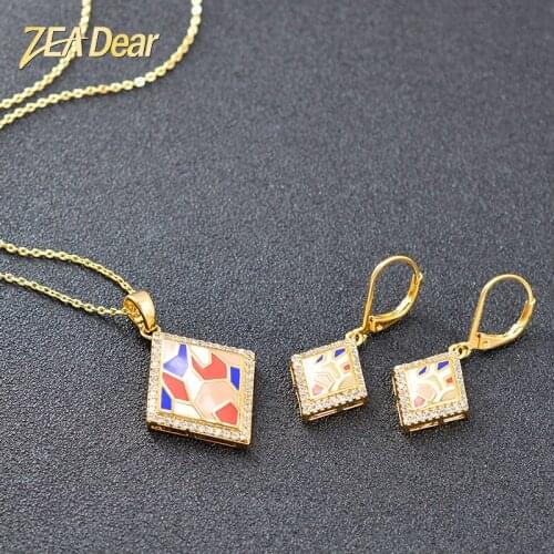 ZEA Dear Jewelry Trendy Square Jewelry Sets For Women Earrings Necklace Pendant Cubic Zirconia Enamel Colorful Party Jewelry Set