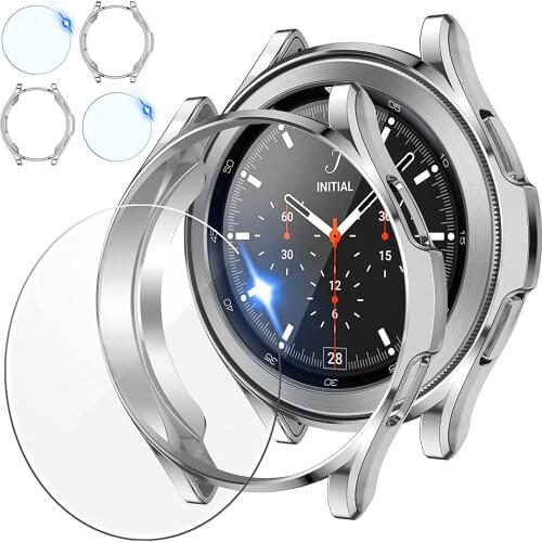 2 Pack Tempered Glass Protective Film and 2Pack TPU Watch Cover Accessories Bumper Set for Samsung Galaxy Watch4 Classic 46/42
