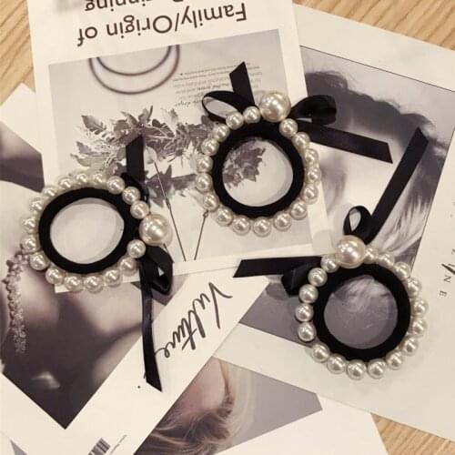 Women Korean Pearl Rubber Bands Lady Beaded Head Rope Female Ribbon Bow High Elastic Hair Ties