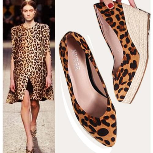 EAGSITY leopard wedge shoes for women high heel pumps platform pointed toe slip on party wedding espadrilles casual shoes