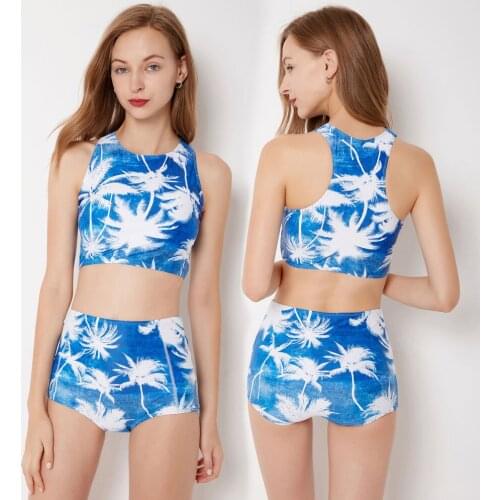 Womens High Waisted Bikini Set Crop Top with Boyshorts Two Piece Swimsuits Hawaiian Coconut Palm Tree Bathing Suits
