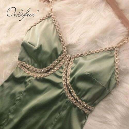 Ordifree 2021 Summer Women Green Satin Dress Vintage Beading Silk Sexy Slit Party Midi Dress