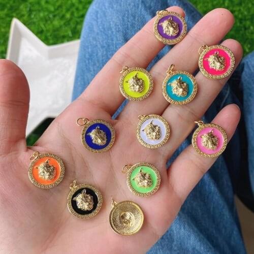 10Pcs Gold brass enamel lion necklace charms rainbow color enamel plated tiger pendant for jewelry making