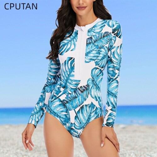 2020 Sexy Leaf Print Swimsuit Women Long Sleeve Push up One piece Swimwear Sport Plus size Bathing suit Monokini Surf Suit XXL