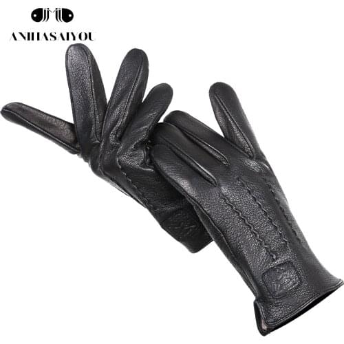 2021 Winter mens gloves,deer skin leather gloves men,soft warm wool lining 70% black winter gloves men sewing design -8001N