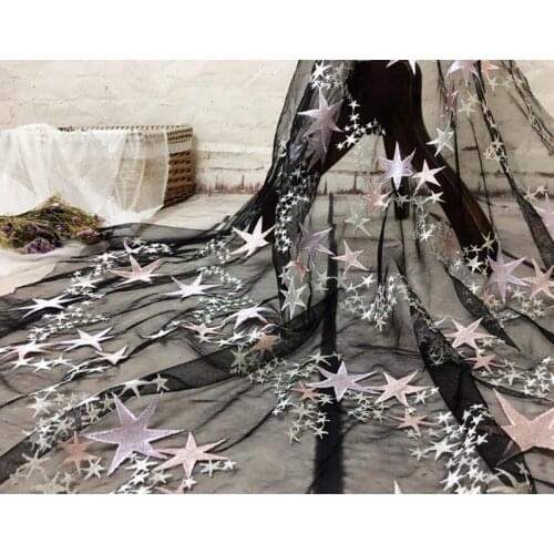 5Yrds High Grade White Black Embroidery Stars Mesh Wedding Dress Lace Fabric 130cm Wide French Lace Fabric for summer dress