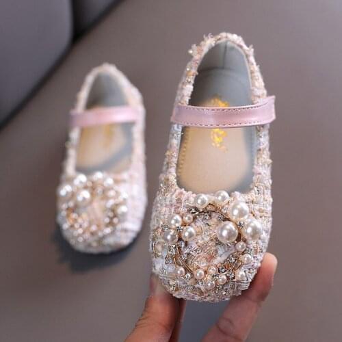Bobora Kids Girls Pearl Crystal Princess Shoes 2021 New Wedding Dress Non - Slip PU Leather Flat Dance Shoes for Children