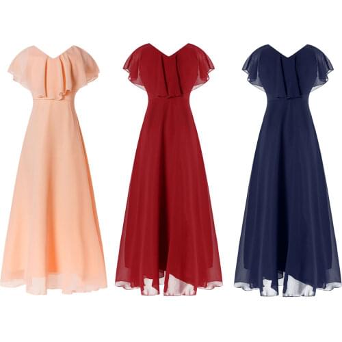 Kid Child Chiffon Tulle Lace Flower Girls Dress Birthday Party Evening Wedding Bridesmaid V Neck Ruffle Formal Summer Maxi Dress