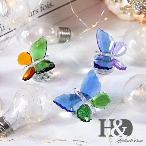 H&D Blue Purple Crystal Butterfly Glass Ball Base Paperweight Ornament Crystal Figurine Souvenir Birthday Gift Home Decor