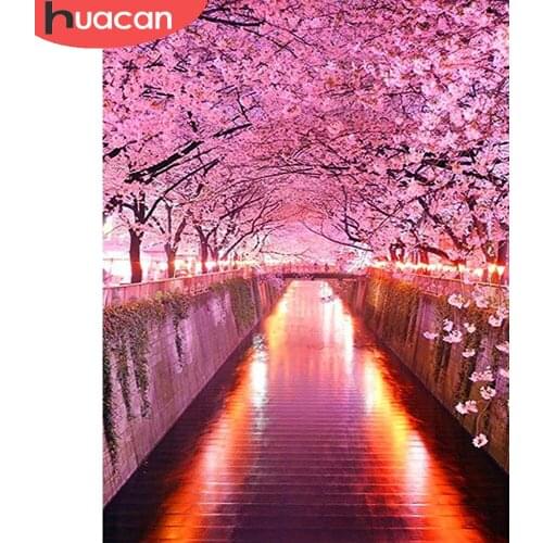 HUACAN Diy Diamond Painting Cherry Blossoms Road Home Decor Square/round Diamond Mosaic Embroidery Flower Scenery Wall Stickers