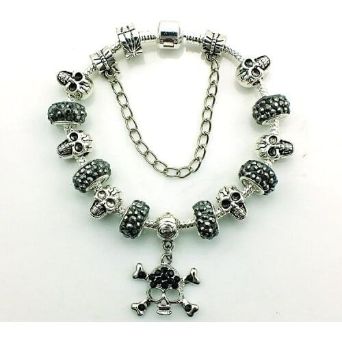 JINGLANG Hot Sell European Style Silver Plated Charm Bracelets For Men Black Rhinestone With Murano Metal Beads DIY Jewelry