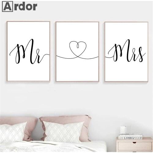 Mr Mrs Heart Calligraphy Canvas Print Poster Black And White Minimalist Wall Art Painting Pictures Couple Lover Home Decoration