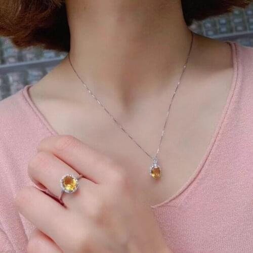 Classic Sterling Silver Crystal Ring and Pendant Set Natural Citrine Jewelry Set for Office Woman 925 Silver Citrine Jewelry
