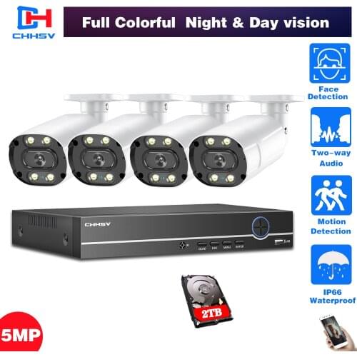 CCtv Security Camera Surveillance System Kit 5MP POE 4CH NVR Outdoor Two-way Audio Color Night Vision 5mp Bullet Camera Set