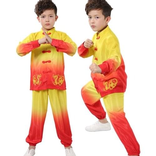 Summer kids&Adult embroidery dragon gradient martial arts kung fu uniforms tai chi suits children wushu performance clothing