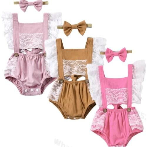 Newborn Baby Girl Lace Romper Headband Casual Outfits Baby Girls Princess Fly Sleeve Square Collar Hollow Out Tie Up Lace Romper