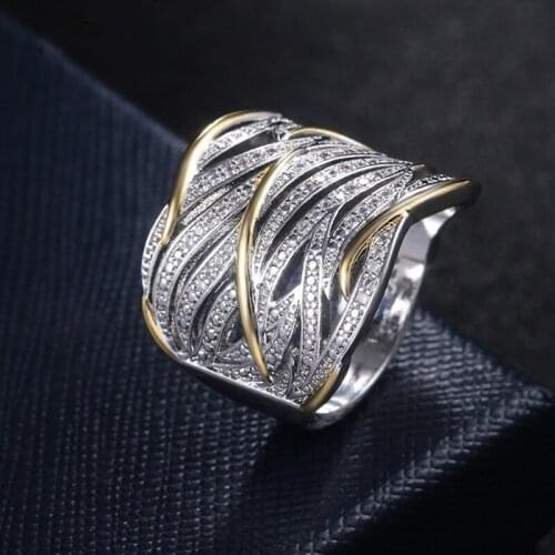 Popular Micro Inlaid Zircon Winding Multilayer Gold Color Geometric Irregular Two-tone Ring for Women Party Jewelry Accessories