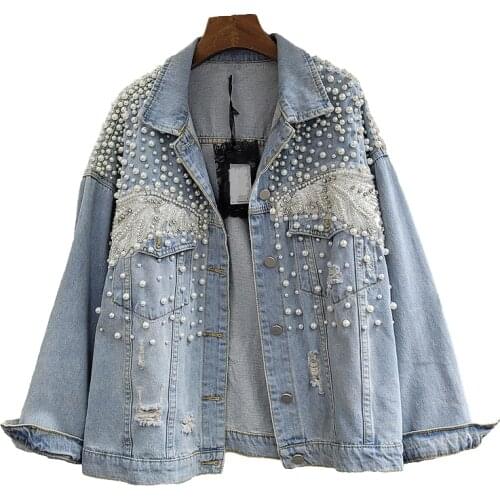 Fashion Holes Denim Jacket Coat Women Loose Casual Short Student Outerwear Heavy Work Beading Diamonds Blue Jeans Jacket Female