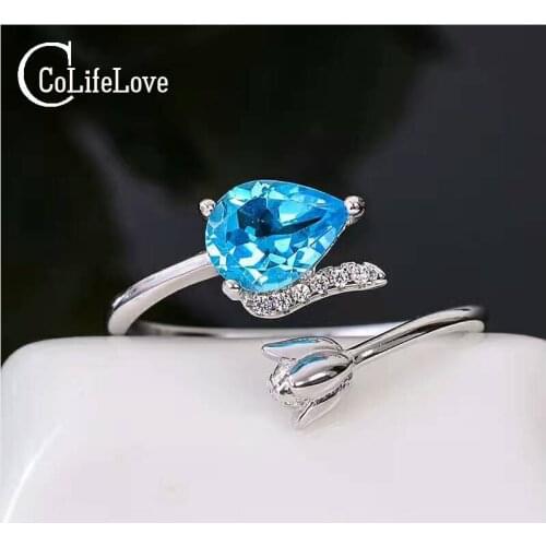 Fashion resizable topaz silver ring 6 mm * 8 mm pear cut natural topaz gemstone ring solid 925 silver topaz ring for girl
